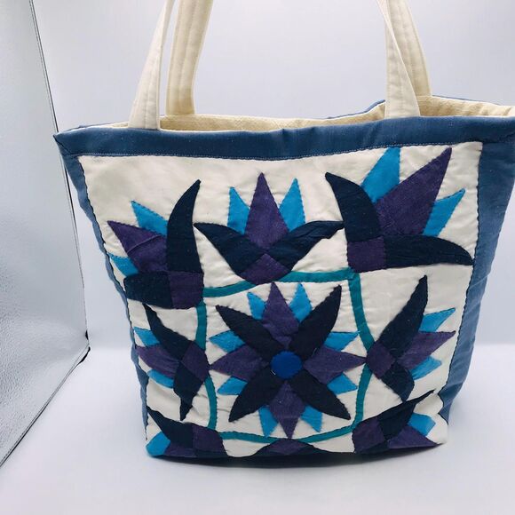 Handmade Tote Bag: Repurposed, Amish Purples and Blues Cottage Core Library Tote - Picture 2 of 8